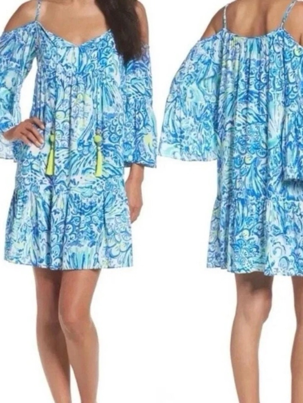 Blue Cold-Shoulder Tiered Mini Dress